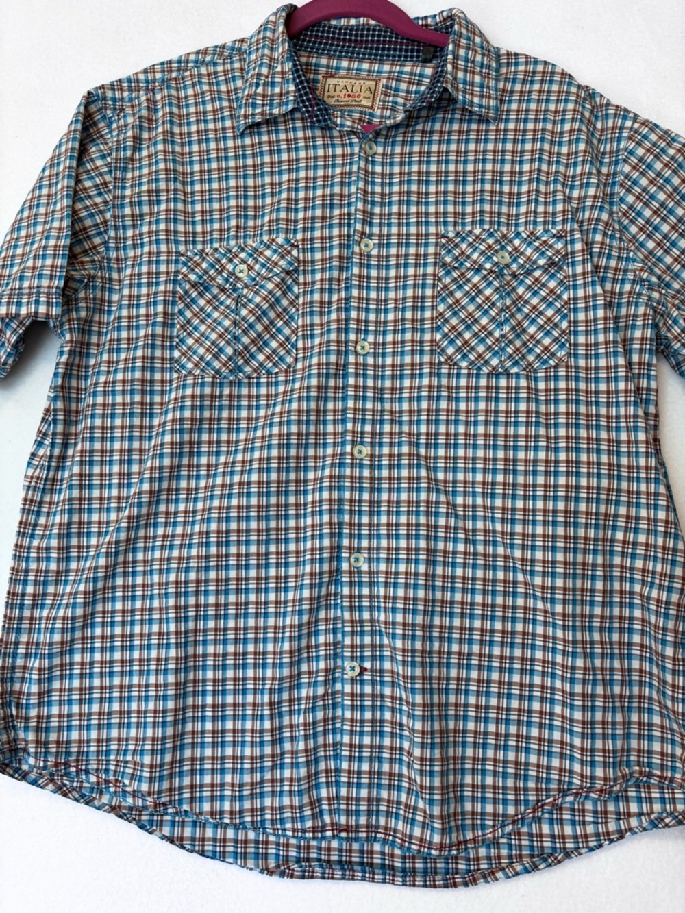 Italina Blue and Brown Plaid Casual Button-Down Shirt